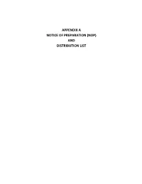 Appendix a Notice of Preparation (Nop) and Distribution List