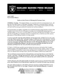 June 5, 2019 for Immediate Release Raiders to Host Packers In