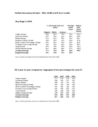 Carlisle Secondary Schools – KS3, GCSE and a Level Results Key Stage 3