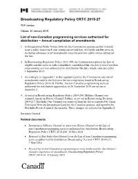 List of Non-Canadian Programming Services Authorized for Distribution – Annual Compilation of Amendments