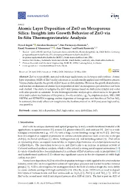 Atomic Layer Deposition of Zno on Mesoporous Silica: Insights Into Growth Behavior of Zno Via In-Situ Thermogravimetric Analysis