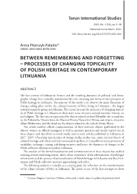 Between Remembering and Forgetting Processes of Changing Topicality of Polish Heritage in Contemporary Lithuania