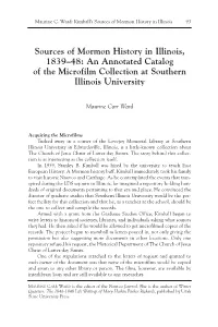Sources of Mormon History in Illinois, 1839–48: an Annotated Catalog of the Microfilm Collection at Southern Illinois University