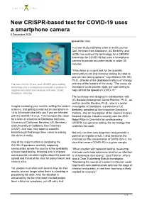 New CRISPR-Based Test for COVID-19 Uses a Smartphone Camera 5 December 2020