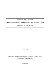 The Implications of Repealing to Provocation Defence to Murder