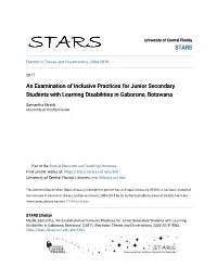 An Examination of Inclusive Practices for Junior Secondary Students with Learning Disabilities in Gaborone, Botswana