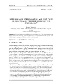 Methodology of Preparation and Cost Price of Daily Meal in the First Mission of the Serbian Army