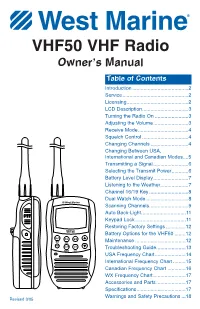 VHF50 VHF Radio Owner’S Manual Table of Contents Introduction