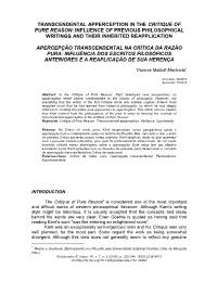 Transcendental Apperception in the Critique of Pure Reason: Influence of Previous Philosophical Writings and Their Inherited Reapplication