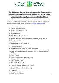 1 List of Advocacy Groups, Interest Groups, Other Representative Organisations and Political Parties Submissions to the Citizens