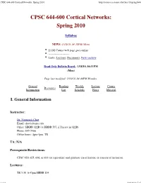 CPSC 644-600 Cortical Networks: Spring 2010