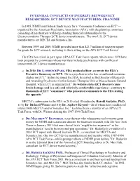 Potential Conflicts of Interest Between Ect Researchers, Ect Device Manufacturers, Fda/Nimh