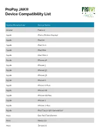 Propay JAK® Device Compatibility List