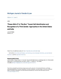 Toward Self-Identification and Recognition of a Third Gender: Approaches in the United States and India