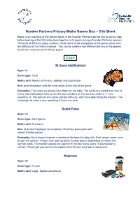 Number Partners Primary Maths Games Box – Crib Sheet EASY