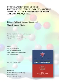 Status and Effects of Food Provisioning on Ecology of Assamese Monkey (Macaca Assamensis) in Ramdi Area of Palpa, Nepal