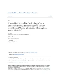 A New Host Record for the Bat Bug, Cimex Adjunctus (Insecta: Hemiptera) from Eastern Small-Footed Myotis, Myotis Leibii (Chiroptera: Vespertilionidae) D