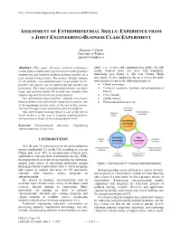 Assessment of Entrepreneurial Skills: Experience from a Joint Engineering-Business Class Experiment