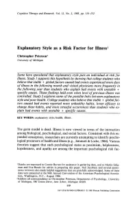 Explanatory Style As a Risk Factor for Illness 1