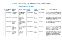 Gazette Applications for Renewal of Operating Licence 21/10/2020 – 10/11/2020