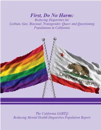 First, Do No Harm: Reducing Disparities for Lesbian, Gay, Bisexual, Transgender, Queer and Questioning Populations in California