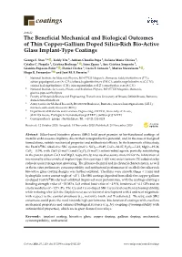 The Beneficial Mechanical and Biological Outcomes of Thin Copper-Gallium Doped Silica-Rich Bio-Active Glass Implant-Type Coatings