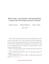 Ballot Design, Voter Intentions, and Representation: a Study of the 2018 Midterm Election in Florida1