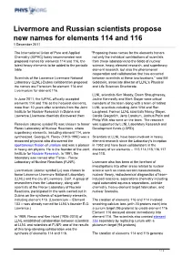 Livermore and Russian Scientists Propose New Names for Elements 114 and 116 1 December 2011
