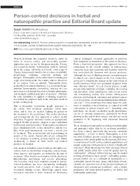 Person-Centred Decisions in Herbal and Naturopathic Practice and Editorial Board Update