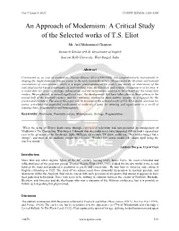 An Approach of Modernism: a Critical Study of the Selected Works of T.S. Eliot