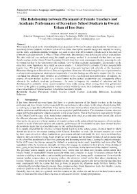 The Relationship Between Placement of Female Teachers and Academic Performnace of Secondary School Students in Owerri Urban of Imo State