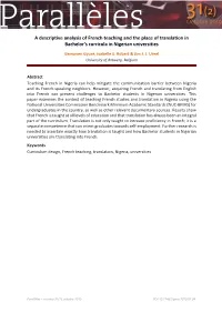 A Descriptive Analysis of French Teaching and the Place of Translation in Bachelor’S Curricula in Nigerian Universities