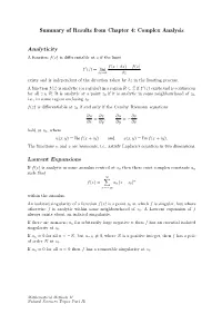 Summary of Results from Chapter 4: Complex Analysis