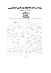 Computational Metaphor Identification: a Method for Identifying Conceptual Metaphors in Written Text