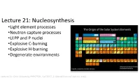 Nucleosynthesis •Light Element Processes •Neutron Capture Processes •LEPP and P Nuclei •Explosive C-Burning •Explosive H-Burning •Degenerate Environments