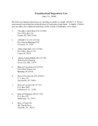 Unauthorized Depository List (July 31, 2008)