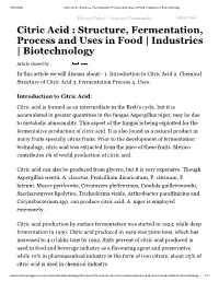 Citric Acid : Structure, Fermentation, Process and Uses in Food | Industries | Biotechnology
