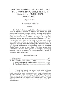 Insights from Psychology: Teaching Behavioral Legal Ethics As a Core Element of Professional Responsibility