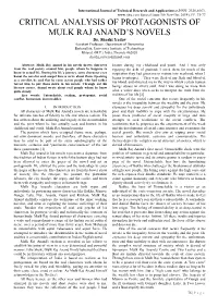 CRITICAL ANALYSIS of PROTAGONISTS of MULK RAJ ANAND’S NOVELS Dr