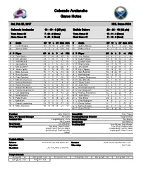 Colorado Avalanche Game Notes