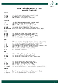 ITTF Calendar Dates – 2016 (As of 5 July 2015)