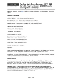 Transcript: November 5, 2020, Earnings Call of the New York Times