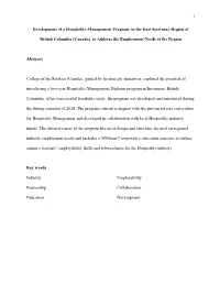 Development of a Hospitality Management Program, in the East Kootenay Region Of