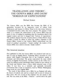 The Geneva Bible and Jauss' "Horizon of Expectations"