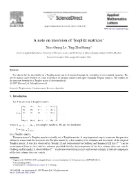 A Note on Inversion of Toeplitz Matrices$