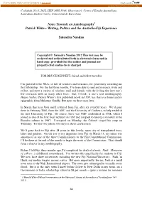 Notes Towards an Autobiography Patrick White-- Writing, Politics And