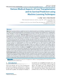 Various Medical Aspects of Liver Transplantation and Its Survival Prediction Using Machine Learning Techniques