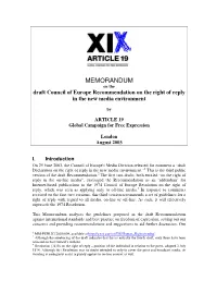 MEMORANDUM on the Draft Council of Europe Recommendation on the Right of Reply in the New Media Environment