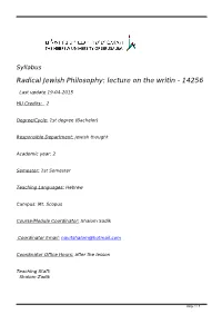 Syllabus Radical Jewish Philosophy: Lecture on the Writin - 14256