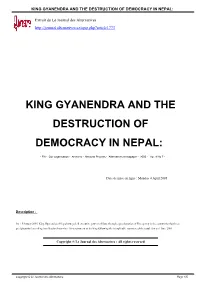 King Gyanendra and the Destruction of Democracy in Nepal